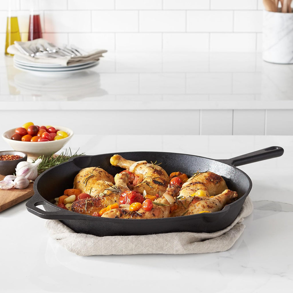 Amazon Basics Pre-Seasoned Cast Iron Skillet, Oven Safe, Even Heating, Heavy-Duty & Large, 15-Inch, Black