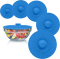 Silicone Bowl Lids Blue Set of 5 Reusable Suction Seal Covers for Bowls, Pots, Cups. Food Safe. Natural grip, interlocking handles for easy use and storage.