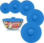 Silicone Bowl Lids Blue Set of 5 Reusable Suction Seal Covers for Bowls, Pots, Cups. Food Safe. Natural grip, interlocking handles for easy use and storage.