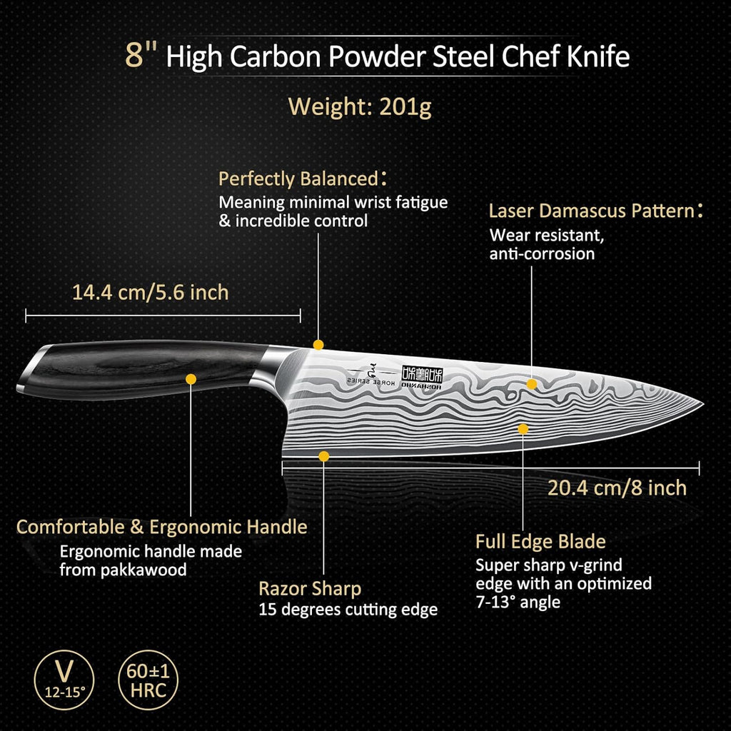 HOSHANHO 8 Pieces Knife Set with Magnetic Block, Ultra Sharp Powder Steel Knife Block Set, Professional Chef Knife Sets with Ergonomic Handle & Knife Sharpener