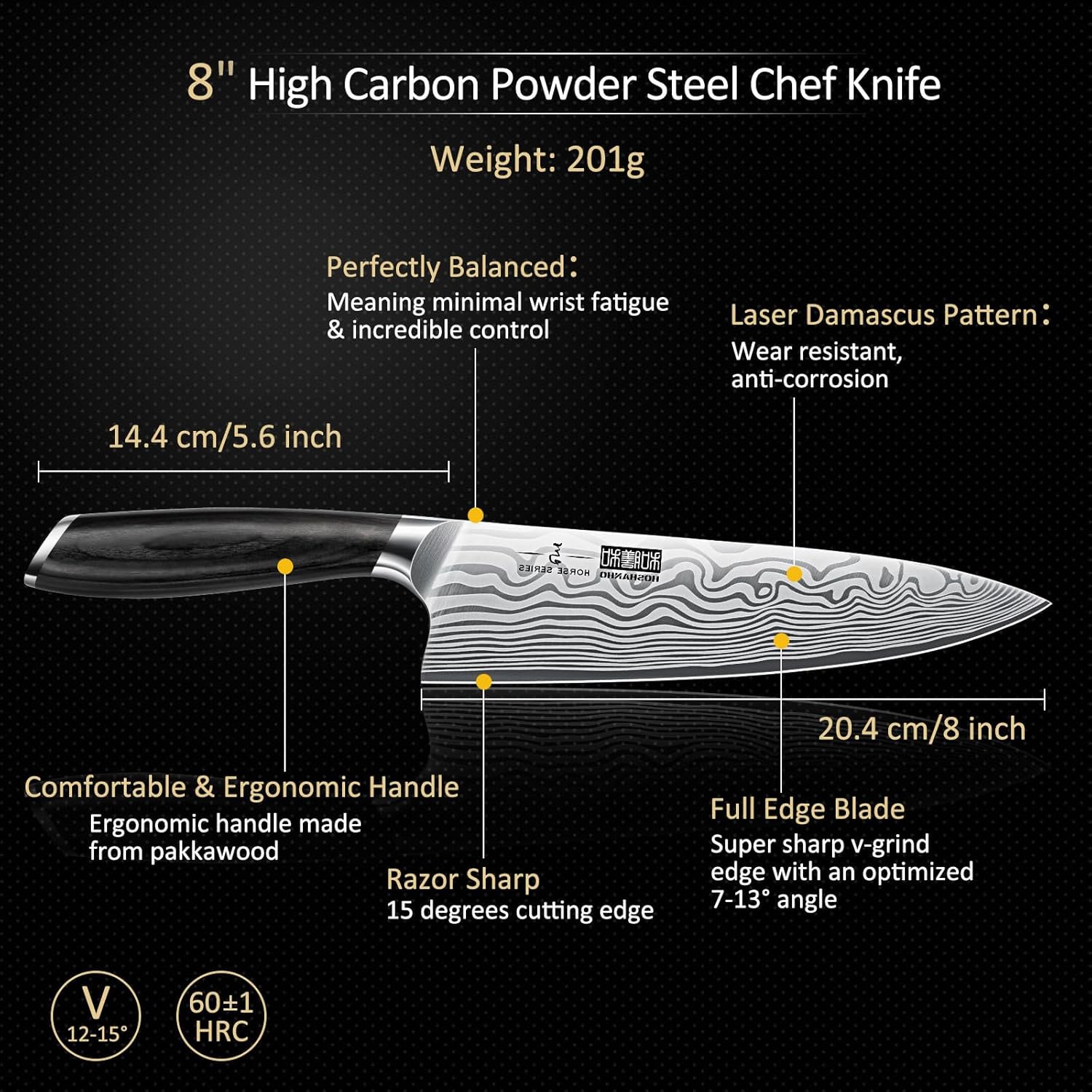 HOSHANHO 8 Pieces Knife Set with Magnetic Block, Ultra Sharp Powder Steel Knife Block Set, Professional Chef Knife Sets with Ergonomic Handle & Knife Sharpener