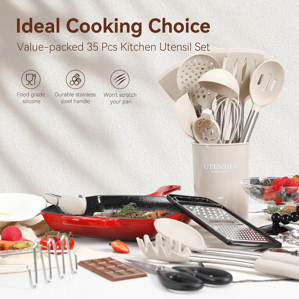 Silicone Cooking Utensils Set, NCUE 35 Pcs Kitchen Utensils Set with Holder, with Stainless Steel Handle Spatula Set, Spoons, Pasta Server, Cheese Grater, Masher, Scissors, Dishwasher Safe (Khaki)