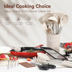 Silicone Cooking Utensils Set, NCUE 35 Pcs Kitchen Utensils Set with Holder, with Stainless Steel Handle Spatula Set, Spoons, Pasta Server, Cheese Grater, Masher, Scissors, Dishwasher Safe (Khaki)