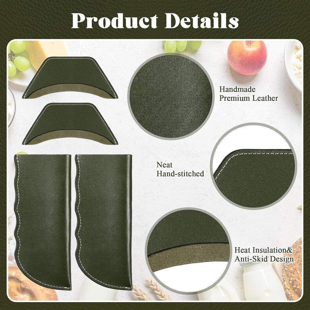 Baderke 4 Pcs Leather Cast Iron Handle Cover Handmade Leather Heat Resistant Skillet Handle Set Pot Holder for Hot Frying Pans, Pots(Army Green)