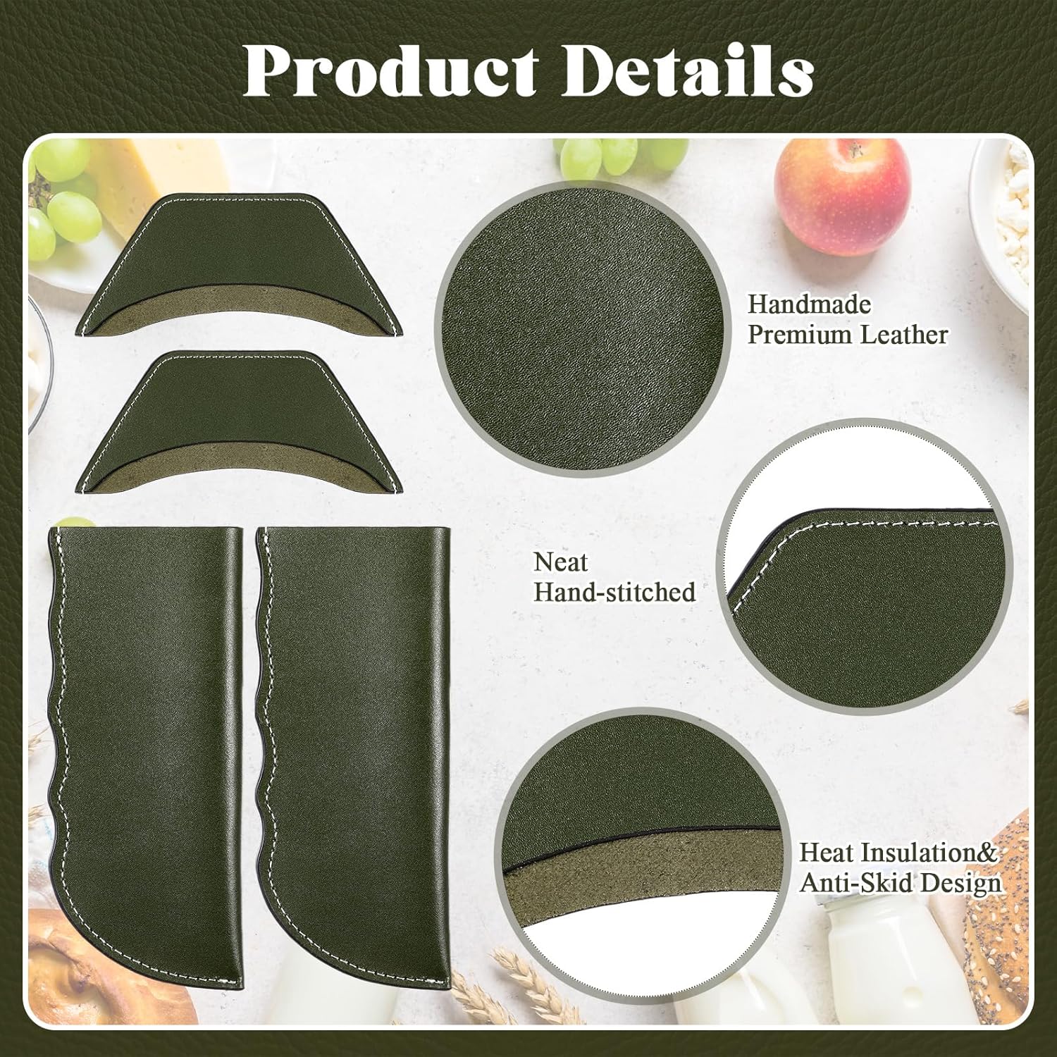 Baderke 4 Pcs Leather Cast Iron Handle Cover Handmade Leather Heat Resistant Skillet Handle Set Pot Holder for Hot Frying Pans, Pots(Army Green)