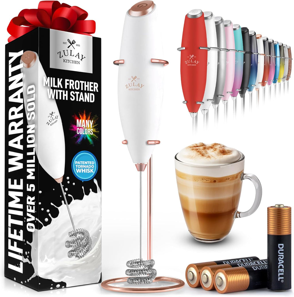 Zulay Kitchen Tornado Whisk Milk Frother with 4 AA Duracell Batteries - Triple Whisk for More Power - Handheld Coffee Frother with Stand - Drink Mixer for Lattes, Matcha & Protein Shakes