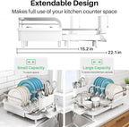 SNTD Dish Drying Rack, Expandable Dish Rack for Kitchen Counter, Stainless Steel Dish Drainer with Drainboard Set and Utensil Holder (White)
