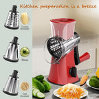 3-in-1 Rotary Cheese Grater Vegetable Slicer, 3 Interchangeable Blades Food Shredder with Anti-Slip Reinforced Suction Base, Kitchen Mandoline Chopper (Red)