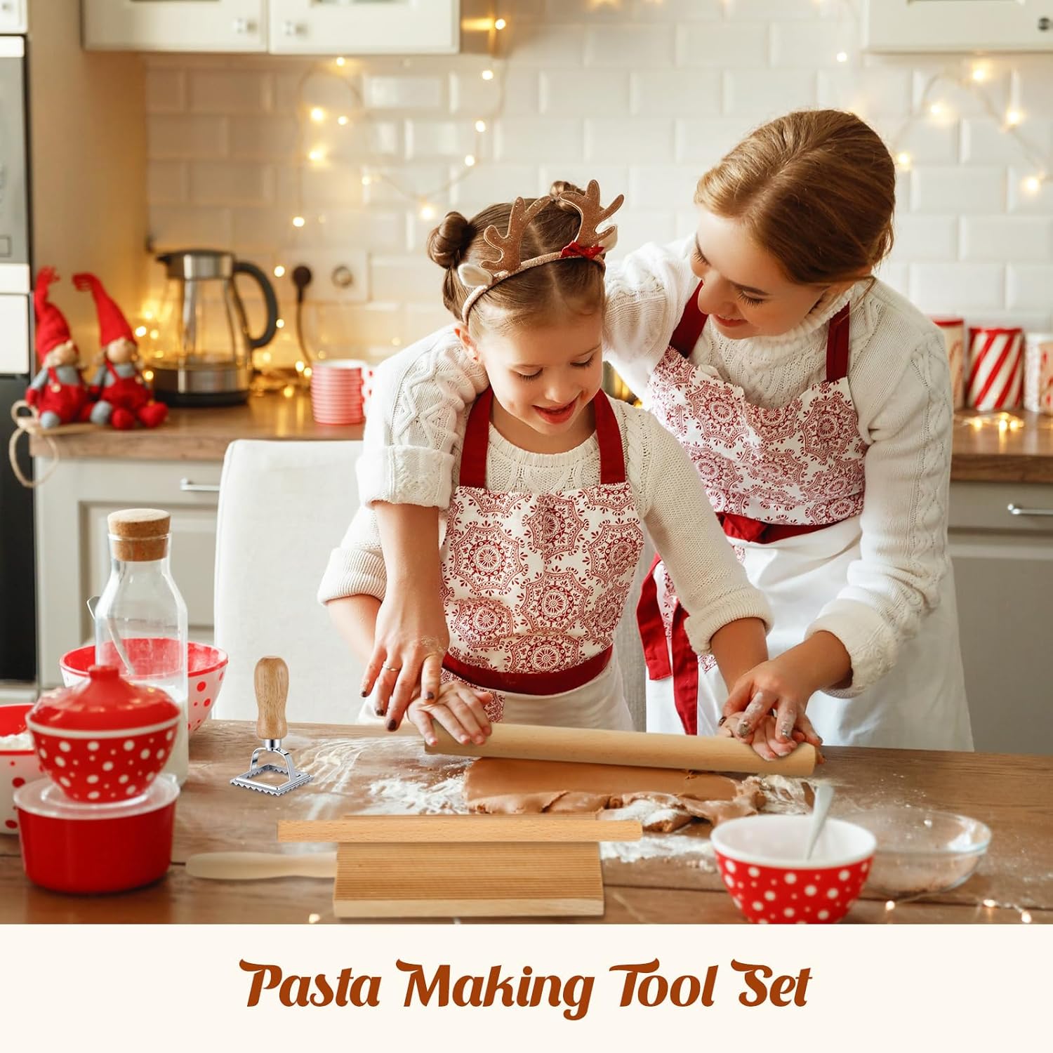 Tioncy 7 Pcs Gnocchi Pasta Making Tool, Wood Gnocchi Board with Ravioli Stamp and Rolling Pin Set Homemade Kitchen Gift for Baking Lovers(Pasta Style)