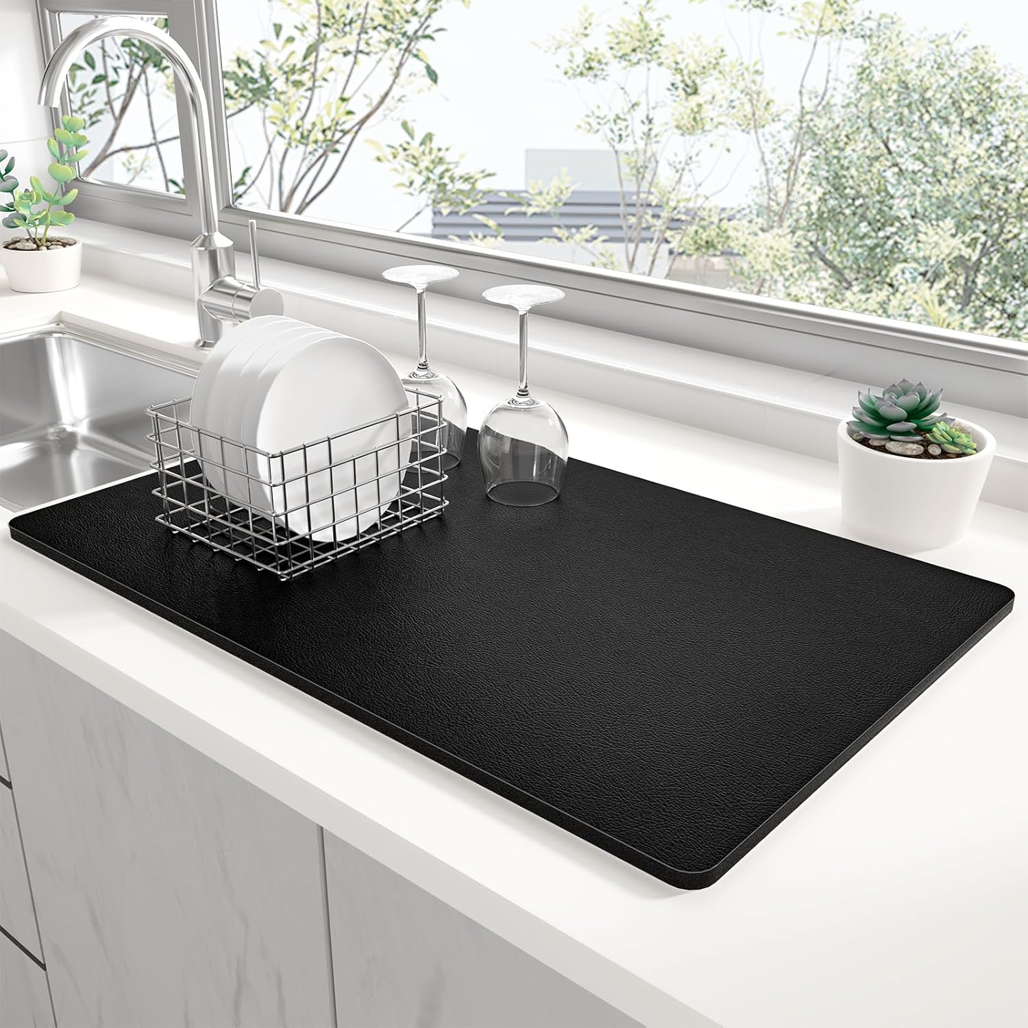 Rnivvi Dish Drying Mat for Kitchen Counter, XL 15 x 24" Super Absorbent Drainer Pad Easy Clean Dish Rack Pad, Non-Slip Heat Resistant Coffee Bar Mat for Coffee Machine Station Accessories Decor, Black