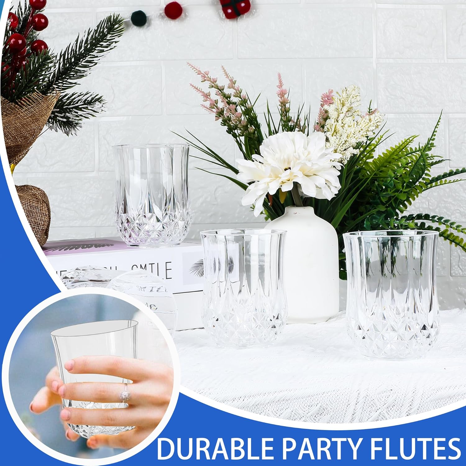 12 PCS Transparent Stemless Wine Glasses，Plastic Reusable Cups 9OZ Vintage Drinking Glasses Tumblers for Whisky, Beer, Juice, Beverages, Cocktai