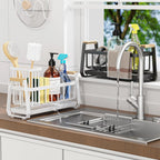 Doasuwish Kitchen Sink Caddy with High Brush Holder,Self-Draining kitchen Countertop Organizer,Rustproof 304 Stainless Steel,Non-Slip Stability High Storage Sponge Holder for Kitchen Sink White