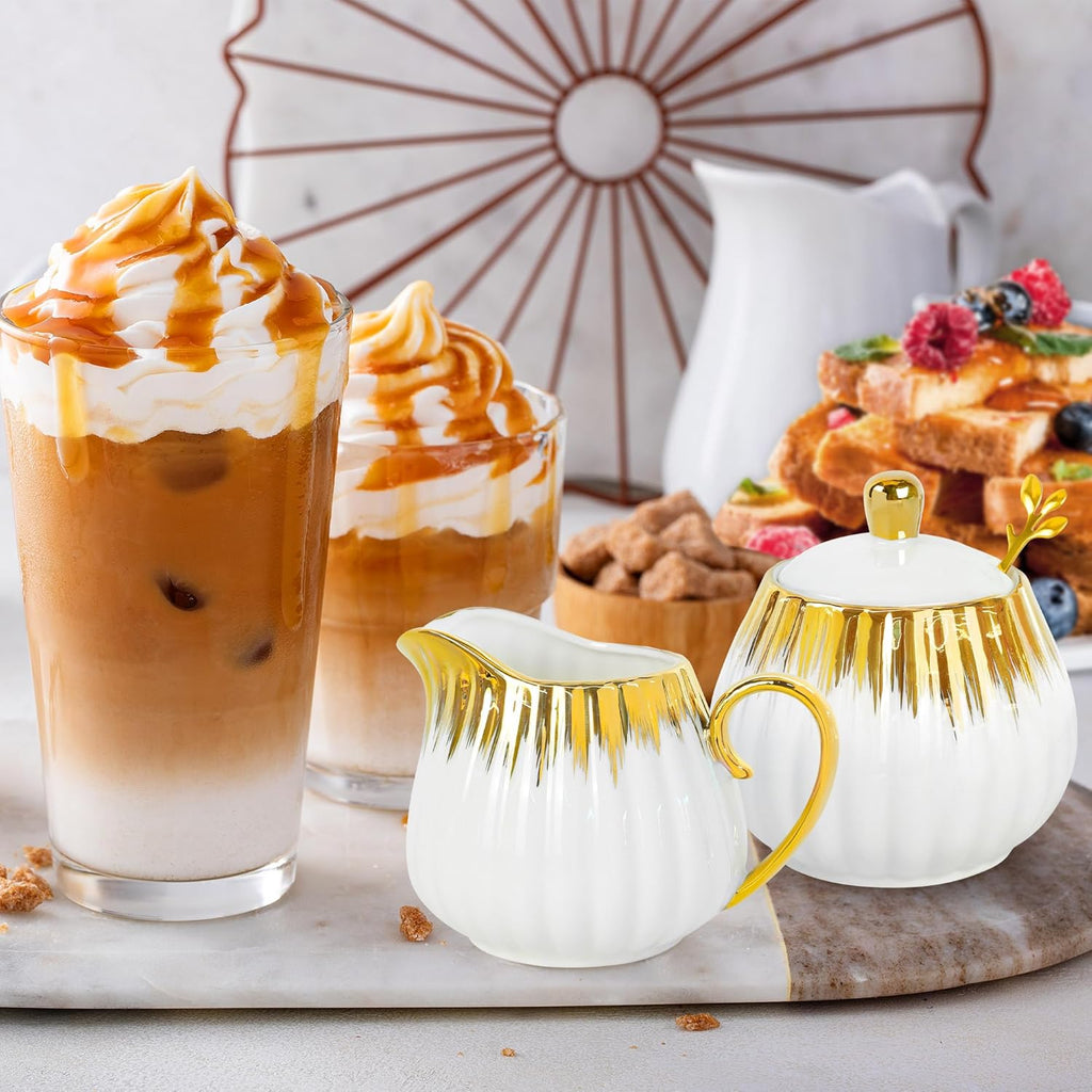 Ceramic Sugar and Creamer Set, Cream Pitcher Sugar Bowl with Lid and Spoon, Sugar and Creamer Container for Coffee Bar (3)