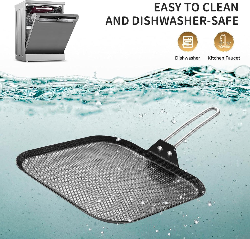 Inqibee 11 Inch Tri-ply Stainless Steel Square Griddle Pan,Hybrid Ceramic Nonstick Pancake Pan,Anti-scratch,Silicone Heat-resistant Black Handle,Dishwasher and Oven Safe