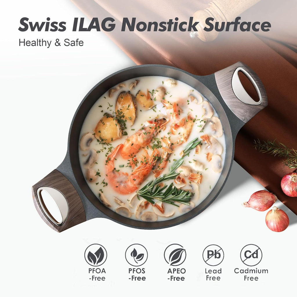 SENSARTE Nonstick Stock Pot with Lid, 2.6/4.5/6.6/8.5 QT Soup Pot Casserole Pot, Healthy Pasta Pot, Large Deep Cooking Pot, Big Sauce Pot Stew Pot, Induction Compatible, PFOA PFOS APEO Free, Black