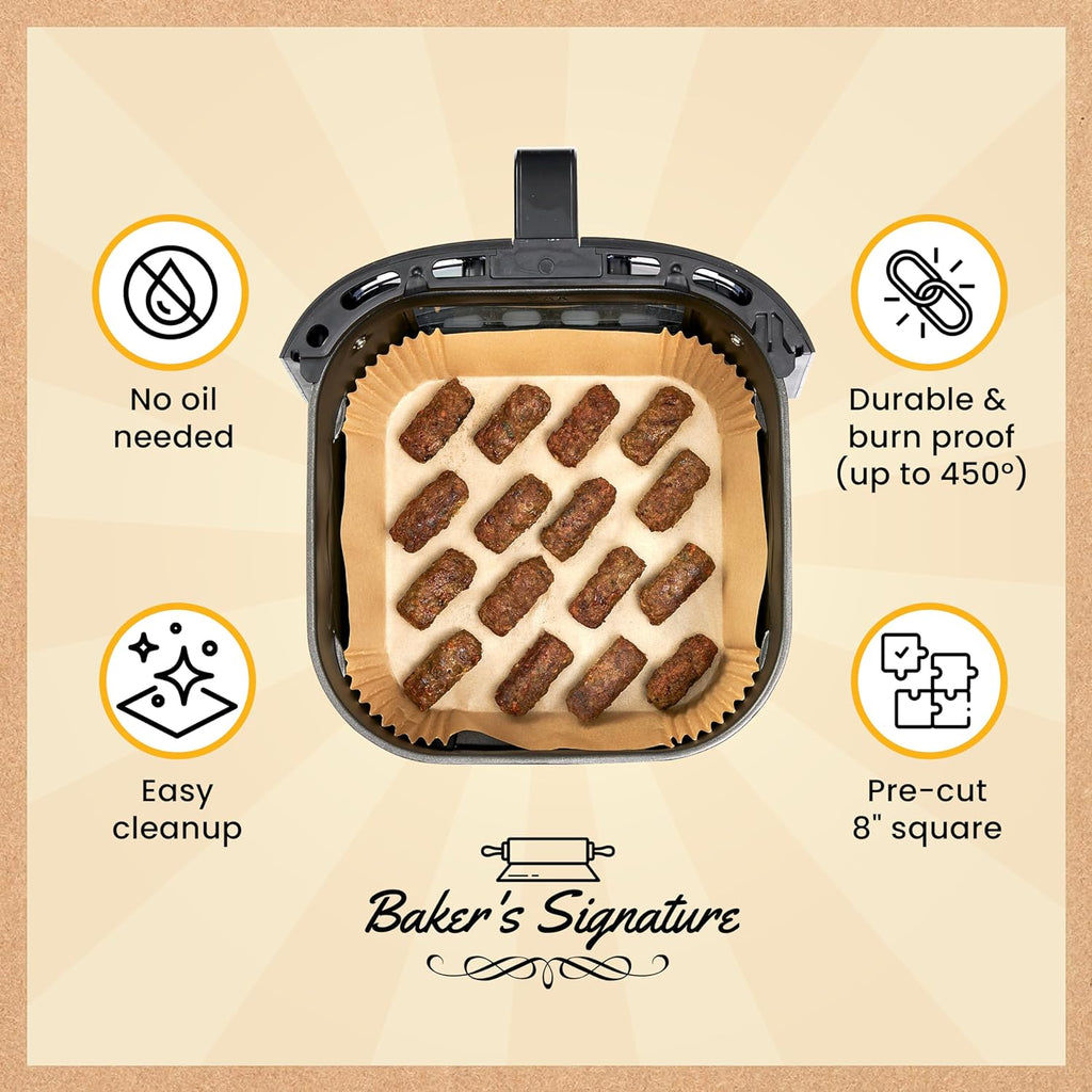 250 pcs Air Fryer Liners, Disposable Airfryer Paper Liners – Non-Stick and Oil Proof for Easy Cleanup, Great for Oven, Pans & Baking – 8” Square for 5-8 qt Basket by Baker's Signature