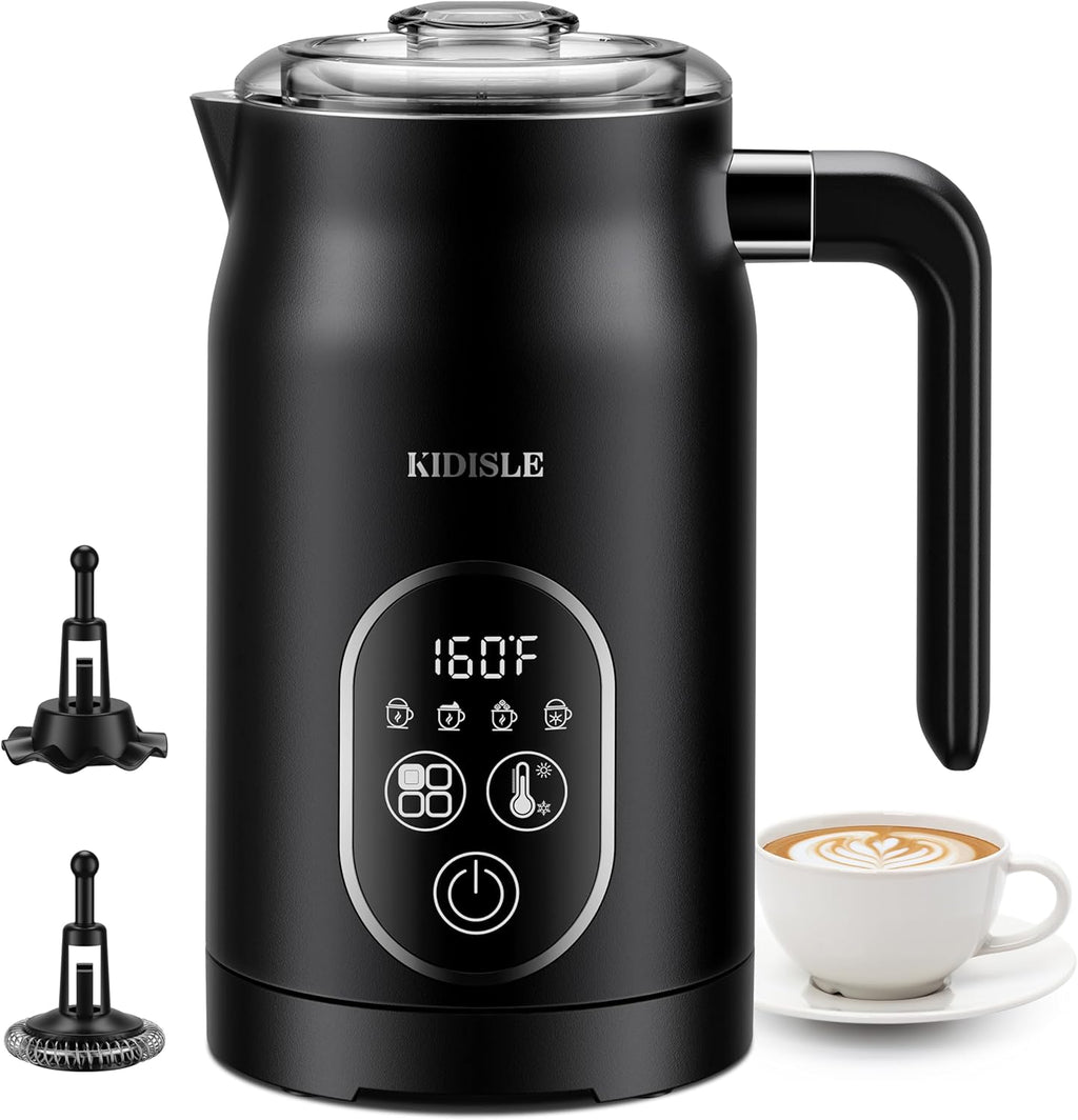 4-in-1 Electric Milk Frother and Steamer, Milk Steamer with Auto Temperature Control, Warm & Cold Foam Maker, Fast Frother for Coffee, Latte, Hot Chocolate, Cappuccino, Macchiato, Black