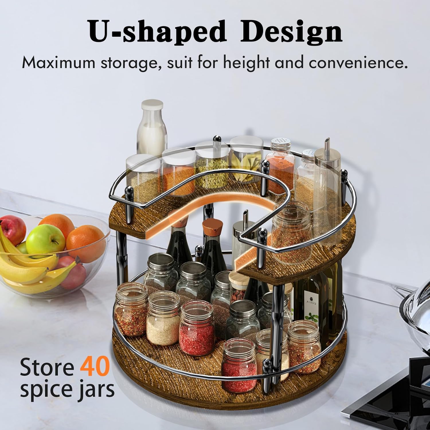 2-Tier Lazy Susan Organizer Turntable Spice Organization U-Shape 11.8" Rotating Spice Rack Height Adjustable for Cabinet, Pantry, Kitchen Countertop, Party