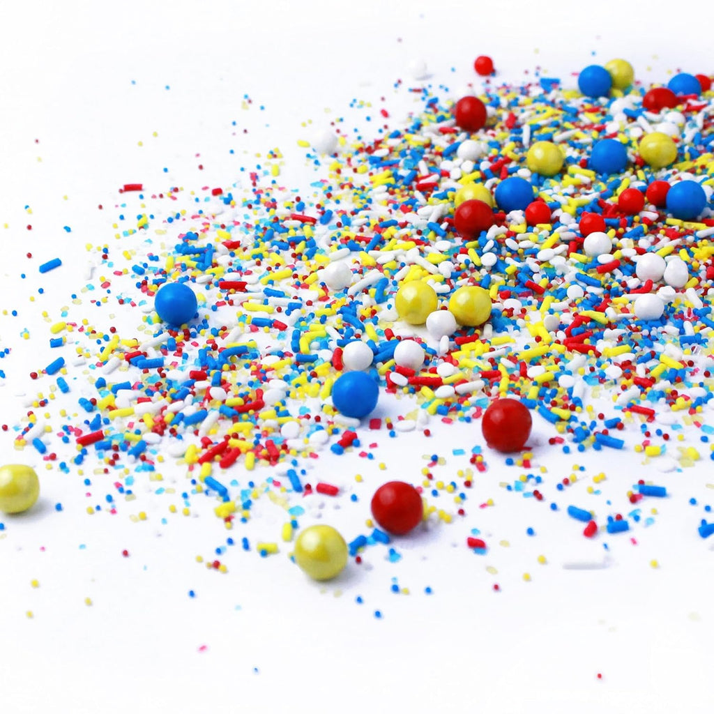 Sprinkle Pop Crash! Boom! Pow! Sprinkle Mix| Red Yellow Blue White Sprinkles| Superhero Cartoon Comic Book Themed Birthday Sprinkles Made in USA for Decorating Cupcakes Cakes Cookies Ice Cream, 2oz