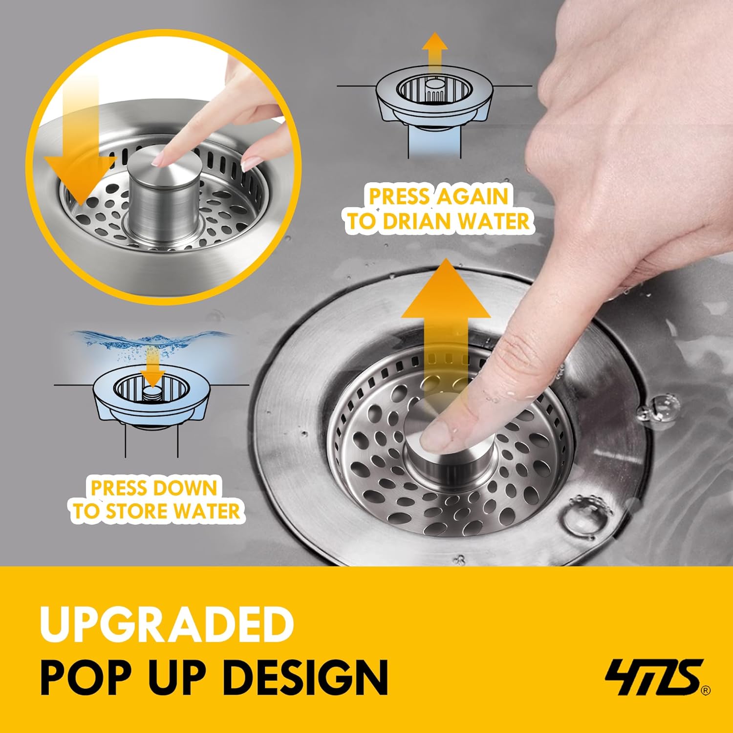5-in-1 Stainless Steel Sink Aid, Kitchen Sink Drain Strainer Food Catcher, Popup Kitchen Sink Stopper & Odor Filter, Kitchen Sink Strainer Accessories with Drain Basket (Classic Brushed)