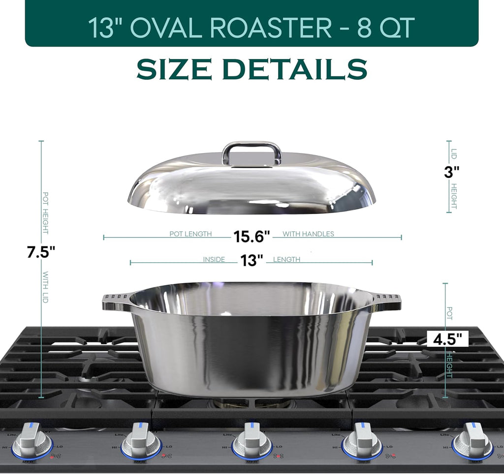Cast Aluminum Oval Dutch Oven with Lid — 8 QT Heavy Duty Roaster Pan with Rack & Silicone Cover Dual Handles — Cajun Cookware for Roasting, Baking, Cooking (13" Medium)