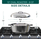 Cast Aluminum Oval Dutch Oven with Lid — 8 QT Heavy Duty Roaster Pan with Rack & Silicone Cover Dual Handles — Cajun Cookware for Roasting, Baking, Cooking (13" Medium)