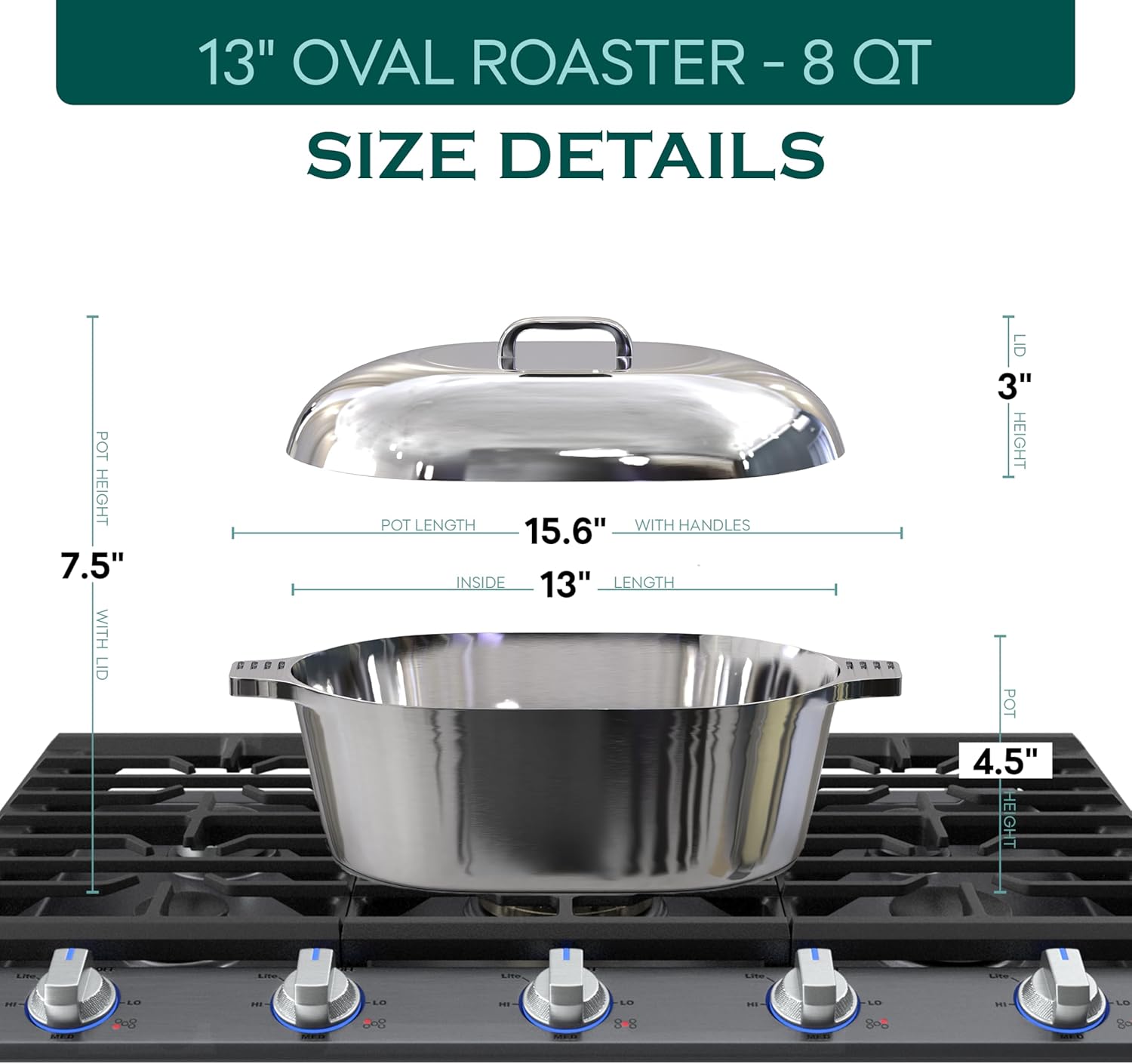 Cast Aluminum Oval Dutch Oven with Lid — 8 QT Heavy Duty Roaster Pan with Rack & Silicone Cover Dual Handles — Cajun Cookware for Roasting, Baking, Cooking (13" Medium)