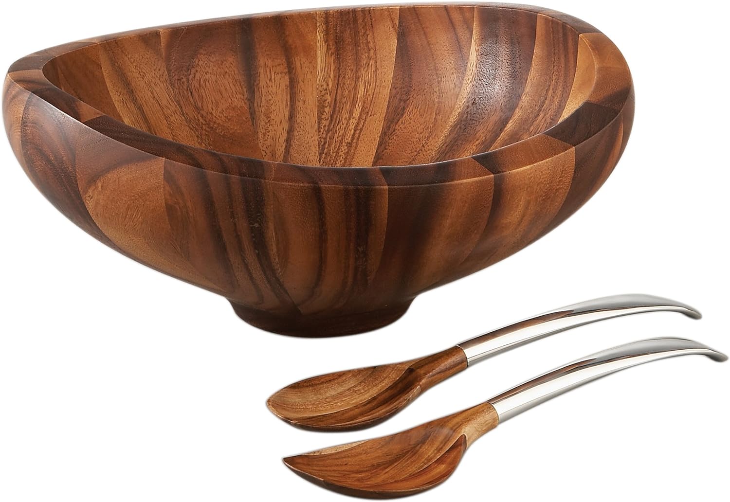 Nambe Butterfly Acacia Wood Salad Bowl with 2 Salad Servers | Made of Acacia wood Alloy | Large Deep Wooden Bowls | Acacia Wood Salad Bowl Set | Designed by Sean O’hara (16-in)
