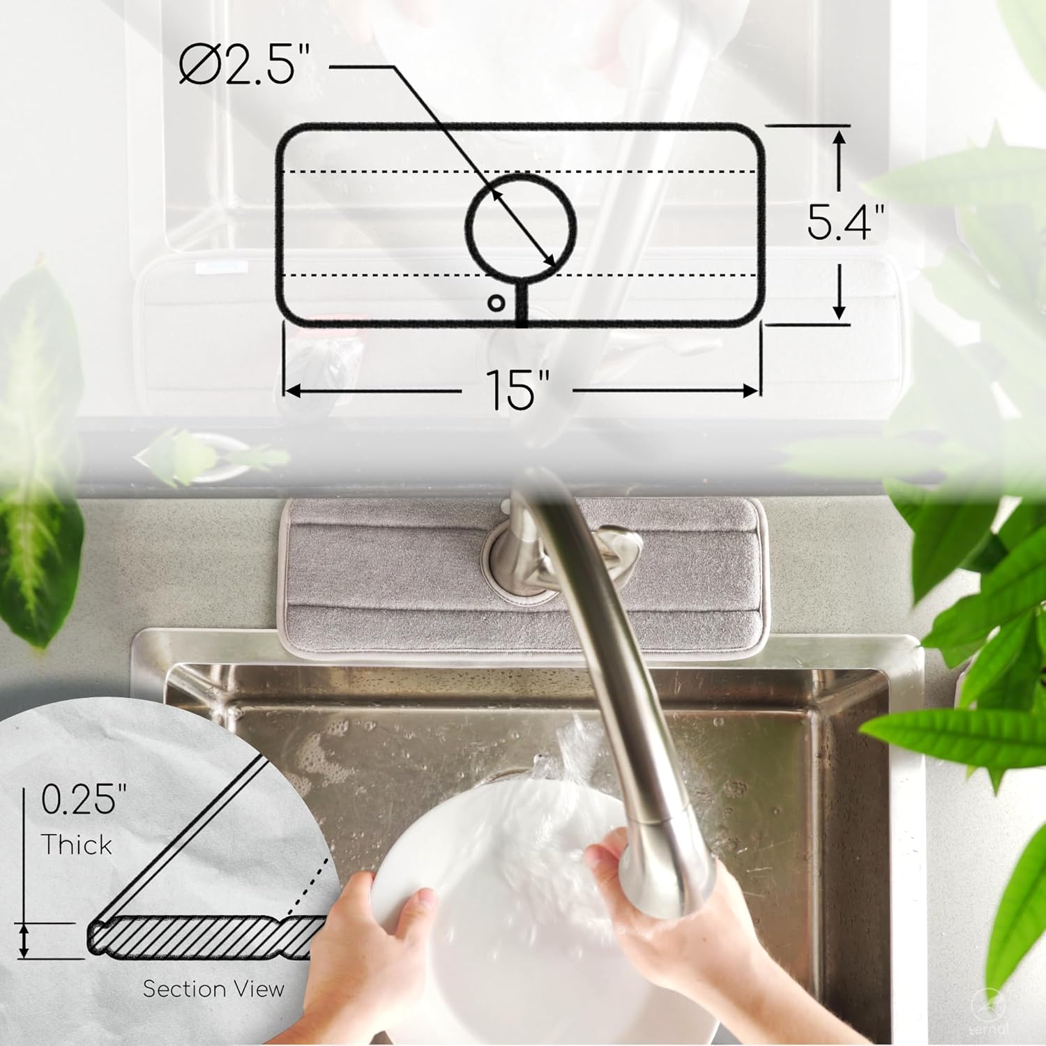 The Original Ternal Sinkmat Drip Catcher & Splash Guard, Faucet Mat for Sinks – Absorbent Microfiber, Machine Washable Counter Protector & Drying Mat for Kitchen, Bathroom or RV [Grey, 15in, 1 Pack]