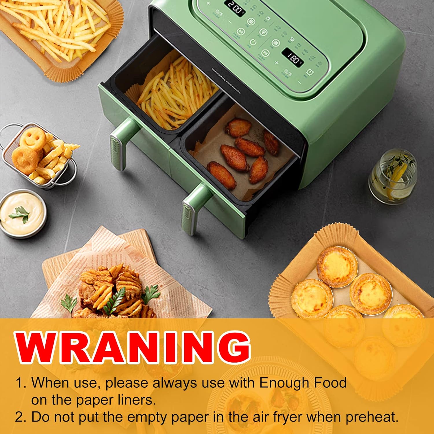 Vailnd Air Fryer Liners Disposable for Dual Basket, 100Pcs 8x5.5 Inch Rectangle Air Fryer Paper Liner for Ninja DZ201 DZ401, Chefman/COSORI 2-Basket Air Fryer, Oil Proof Parchment Paper