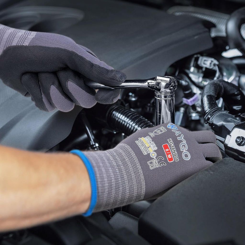 KAYGO Safety Work Gloves MicroFoam Nitrile Coated-3 Pairs, KG18NB,Seamless Knit Nylon Glove with Black Micro-Foam Nitrile Grip,Ideal for General Purpose,Automotive,Home Improvement,Red large