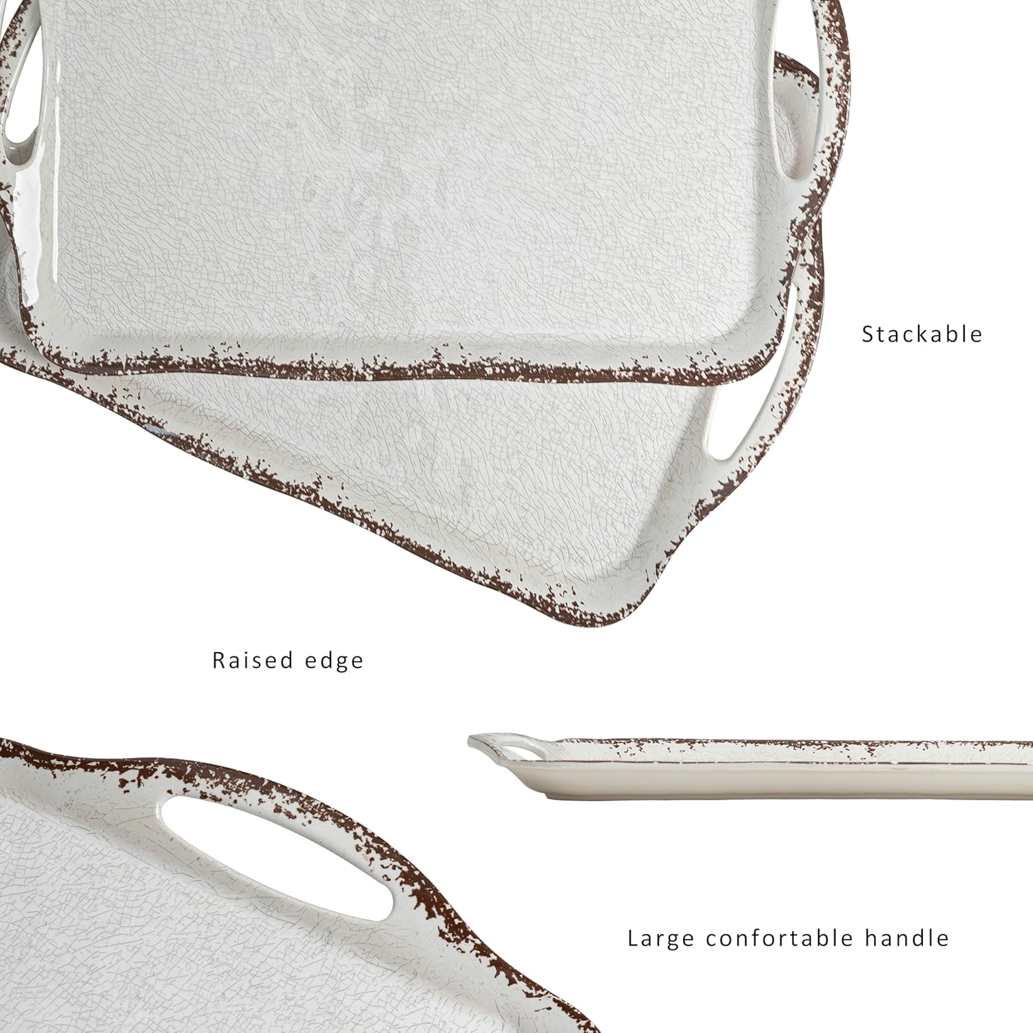 LEHAHA Vintage White Large Serving Tray with Handles, 17.25x12 inch, Set of 2 Melamine Platters for Serving Food, Turkey, Cookie, Rectangular Trays for Eating, Crackled Finish with Rustic Raised Rim.