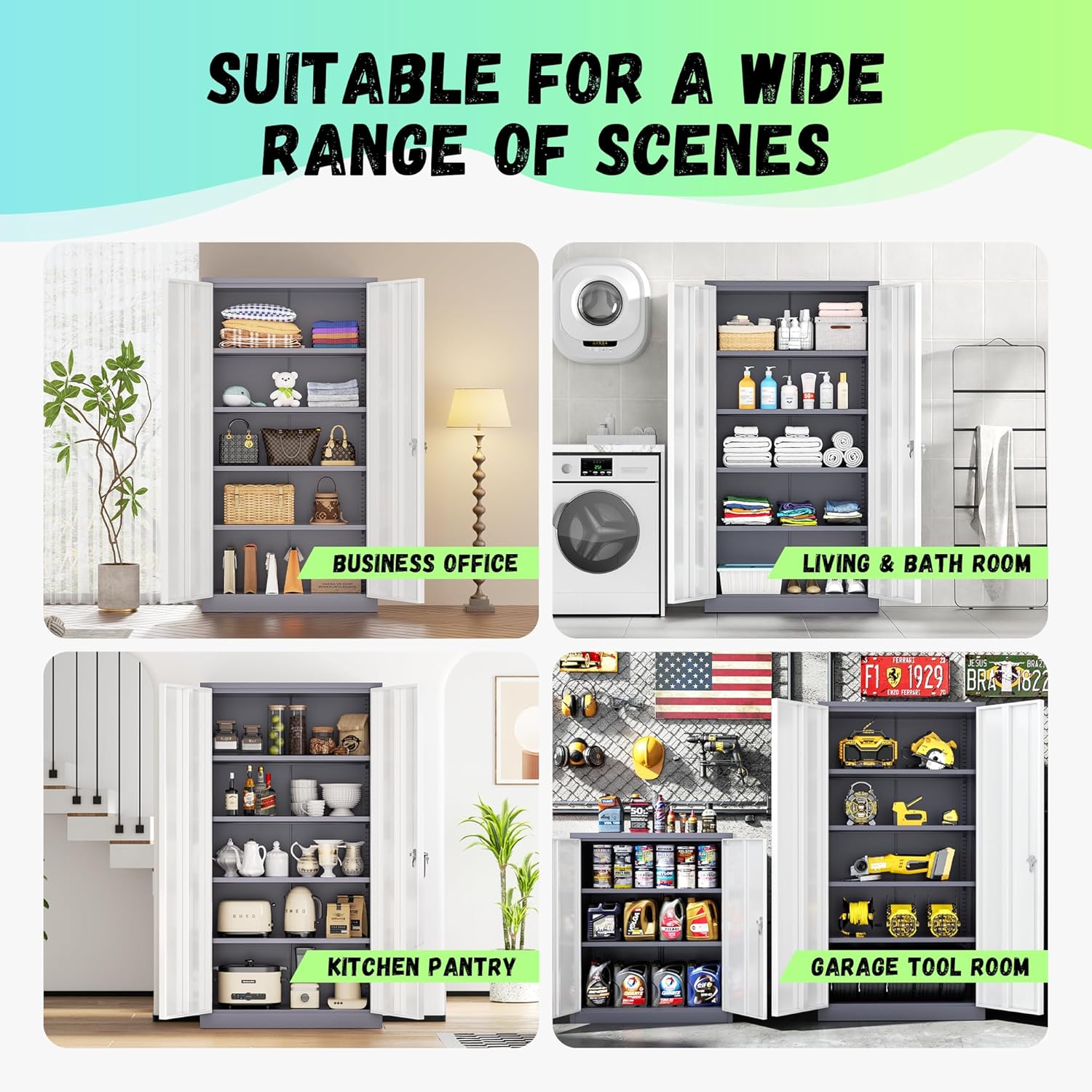 INTERGREAT Storage Cabinet, 72” Steel Locking Closet with Doors and 4 Adjustable Shelves, Tool Unit for Home Office, Garage & Tall Lockable File Cabinet, Grey White.