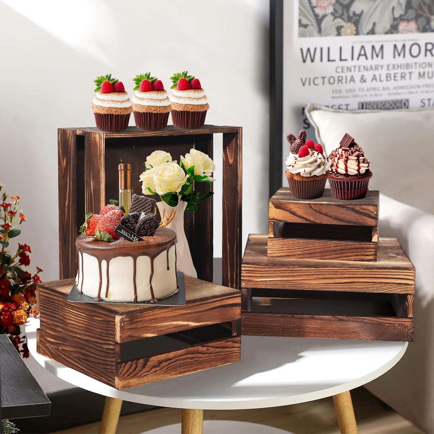 6 Pcs Buffet Risers with Mini Signs, Rustic Wood Cake Stands, Food Risers for Buffet Table, Dessert Display Stand, Wood Crates, Rustic Cake Stand for Party, Wedding, Birthday, Baby Shower, 3 Sizes