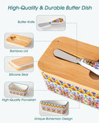 vancasso SIMI Butter Dish with Lid, 6.5" Large Butter Dish for Countertop, Bohemian Ceramic Butter Keeper Container with Knife and Bamboo Lid, Butter Holder for Counter, Golden Bloom