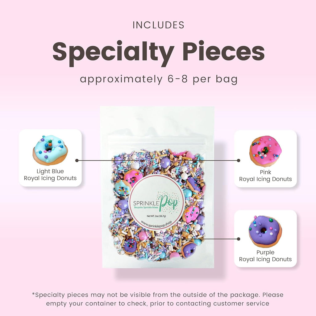 Sprinkle Pop Donut Sprinkle Mix| Lavender White Gold Pink Blue Sprinkle Mix with ~6 Sprinkled Donuts Royal Icings| Birthday Decorating Sprinkles Made in USA for Cupcakes Cakes Cookies Donuts, 2oz