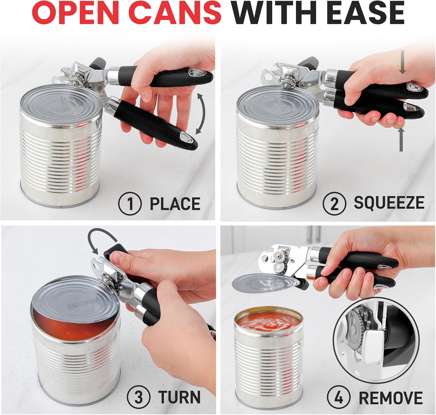 Zulay Kitchen Heavy Duty Stainless Steel Can Opener Manual with Large Bottle Opener - Manual Can Opener with Turn Knob with Soft Grip Handles - Black