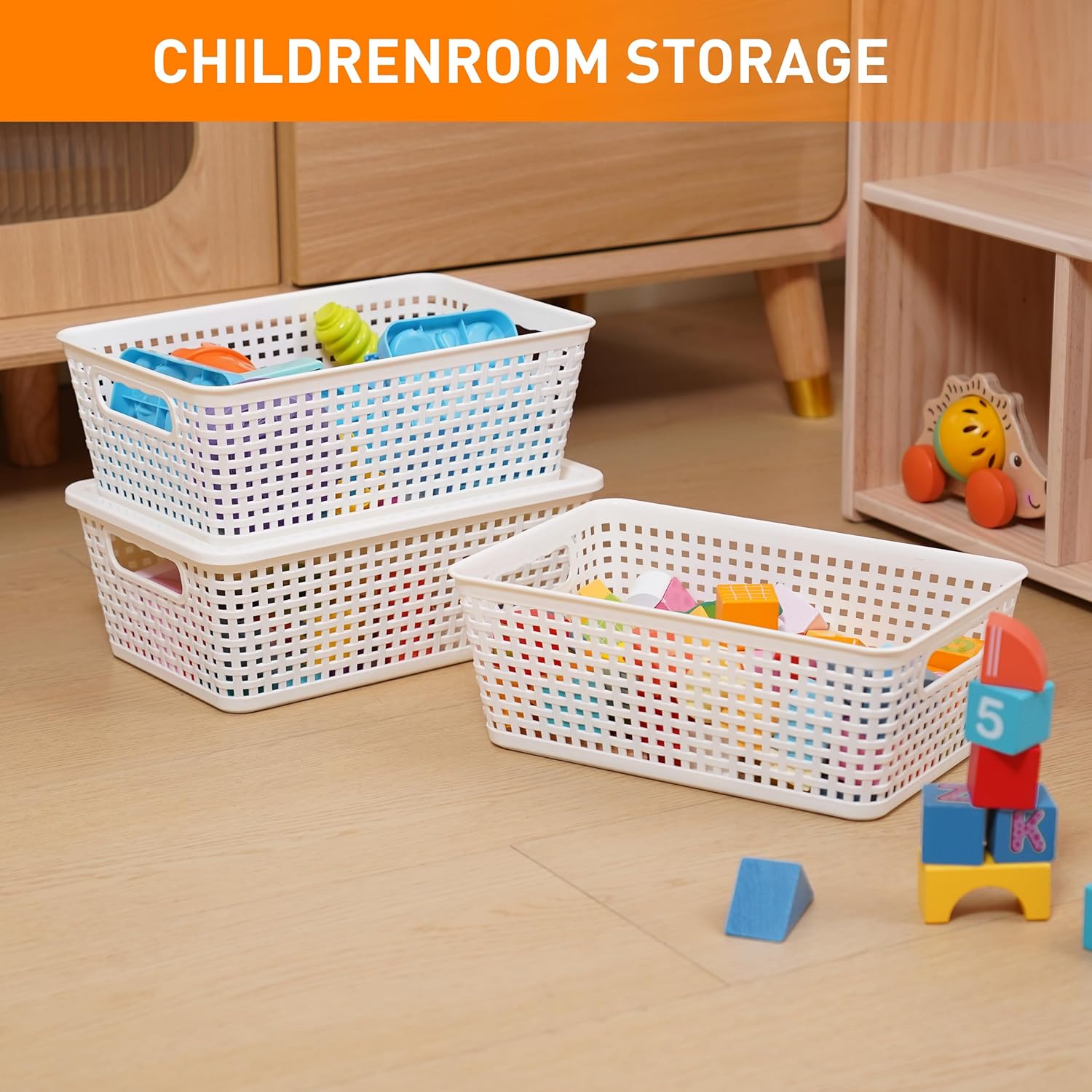 Plastic Storage Baskets With Lid, Storage Bins for Organizing, Stackable Decorative Containers for Shelves Drawers Desktop Closet Playroom Classroom Office, 8 Pack-White