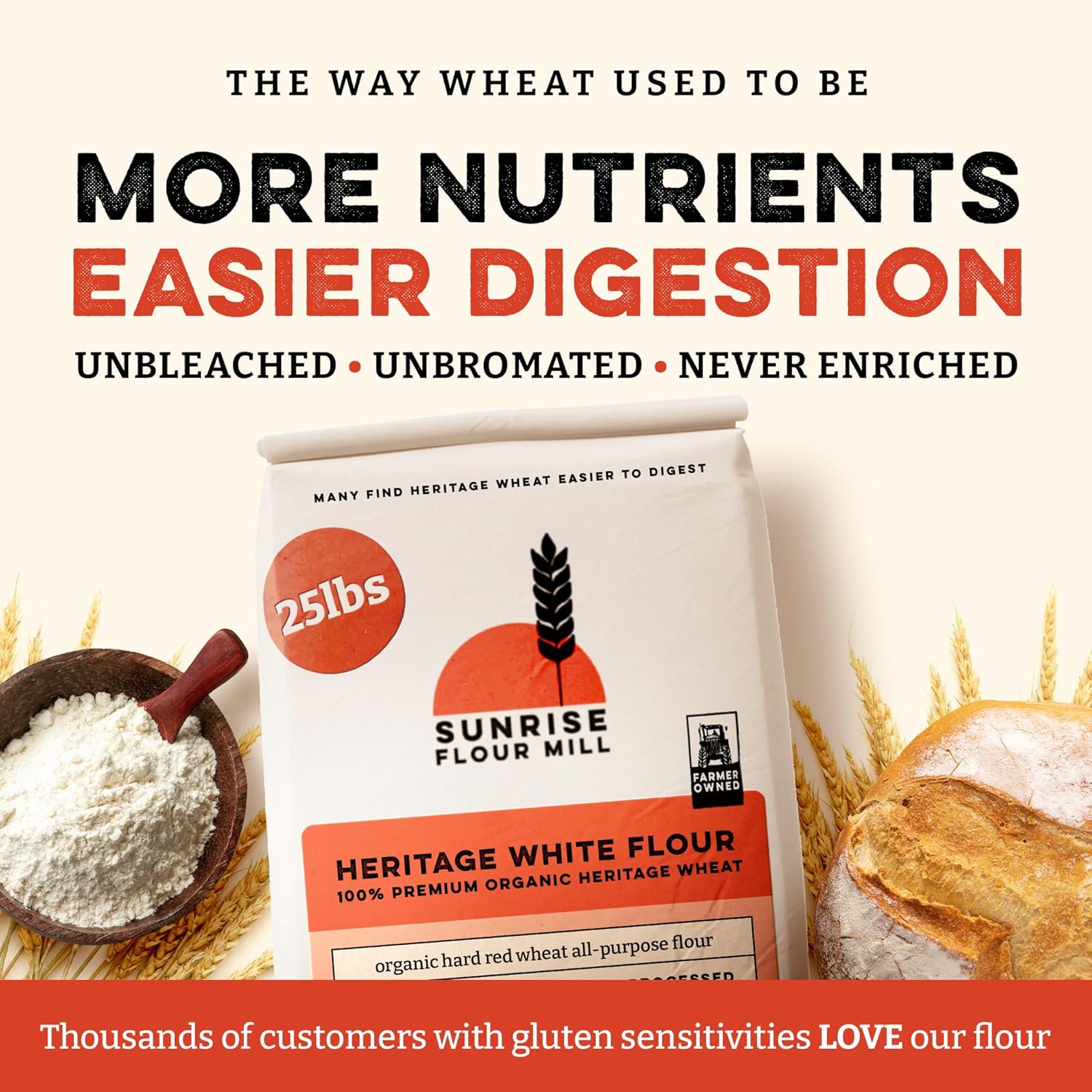 Sunrise Flour Mill Heritage Organic White Flour | USDA Organic All Purpose Flour Unbleached - Non-GMO, Kosher, Glyphosate Free, High Protein for Baking, Unbromated White Wheat (400 Ounce (Pack of 1))