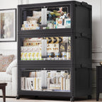 480QT Stackable Storage Bins with Lids, 120Gal Extra Large Collapsible Storage Box with Wheel, Plastic Storages with Clear Door Open Front for Home Bedroom Garage, Black-3pack(3 lids)