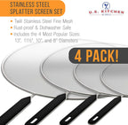 U.S. Kitchen Supply 4-Piece Stainless Steel Splatter Guard Set (13", 11.5", 10",8”) Fine Mesh Cover, Grease & Oil, Splatter Screen for Frying Pan, Cooking Pots, with Comfort Grip Handles