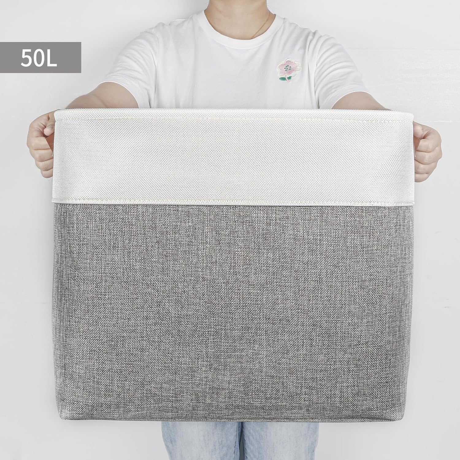 Large Fabric Storage Baskets | 50L Storage Bins, Decorative Linen Closet Baskets with Handles for Organizing, Shelf, Toys, Clothes, Home, Office, Nursery, 17x12x15Inches (Grey&White)