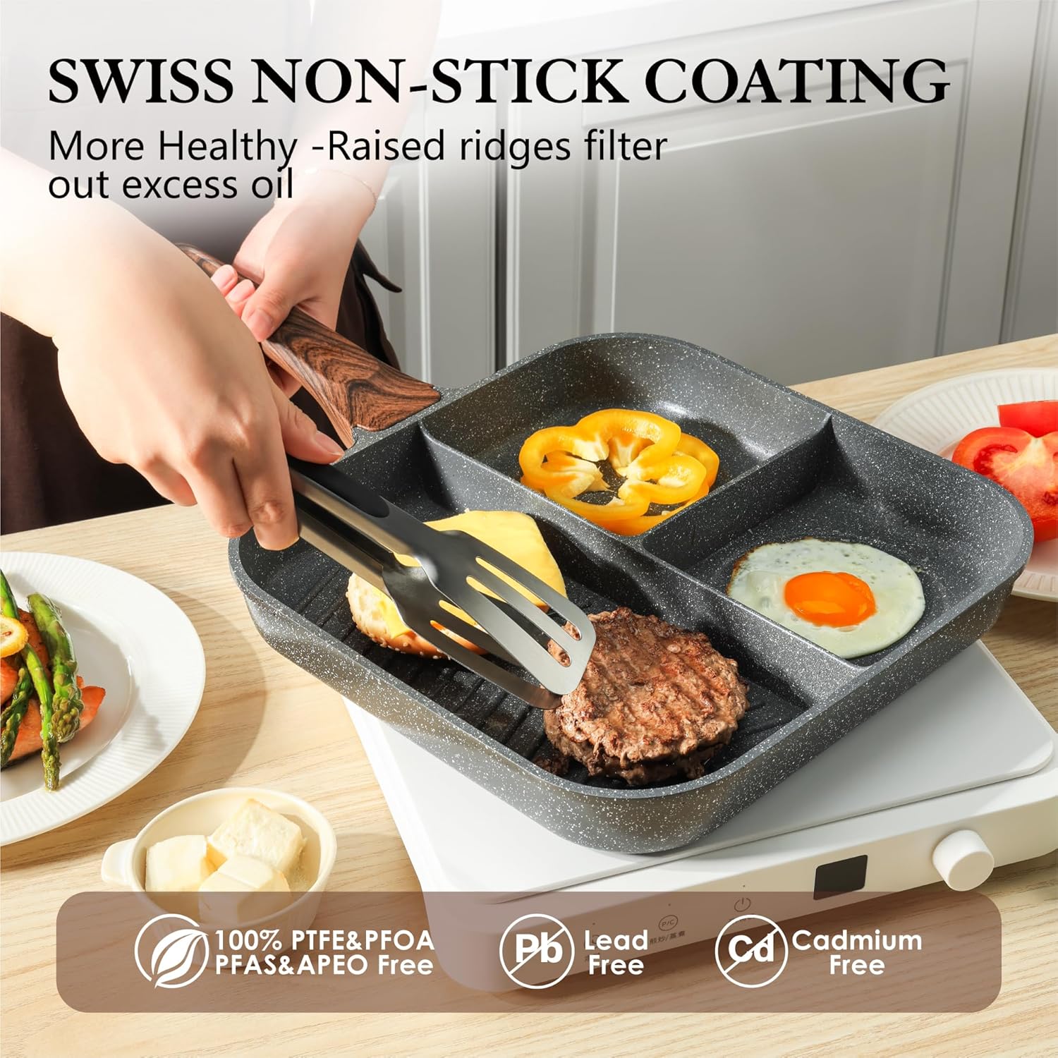 Sensarte Nonstick 11-Inch Square Grill Pan, 3-Section Versatile Breakfast Skillet, Die-cast Aluminum, PFOA, PFOS, APEO Free, Induction, Gas, Electric, Glass, Ceramic
