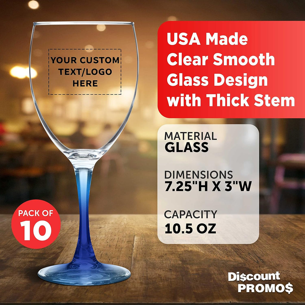 Custom Nuance Wine Glasses by ARC 10.5 oz. Set of 10, Personalized Bulk Pack - Restaurant Glassware, Perfect for Red Wine, White Wine, Cocktails - Blue