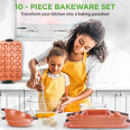 NutriChef 10-Piece Nonstick Baking Pan Set - Premium Carbon Steel Bakeware with Silicone Handles, Baking Pans, Pizza Pan, Square Pan, Loaf Pan, Cookie Sheet, Round Pan, 12/24 Cup Muffin Pan (Copper)