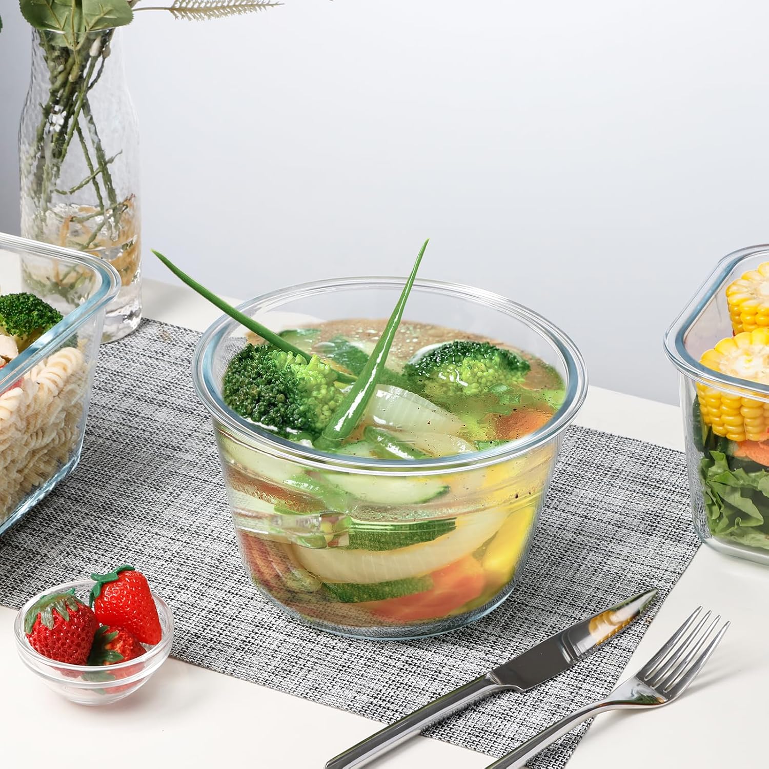 NUTRIUPS 2.1L Glass Food Storage Containers with Lids, 7.6×5in Deep Round Meal Prep Containers, Glass Mixing Bowls With Lid