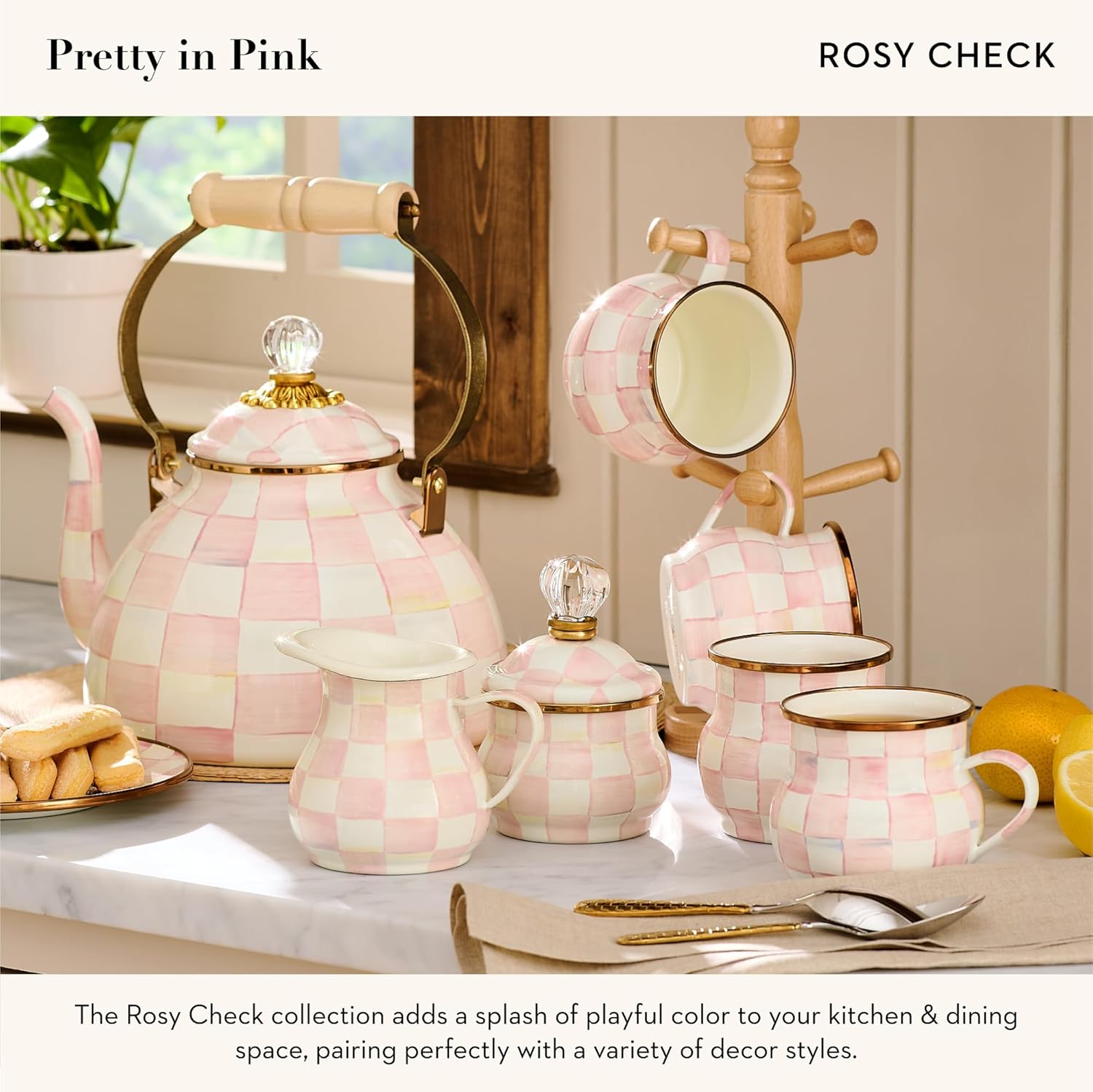MACKENZIE-CHILDS Enamel Creamer, Creamer Dispenser with Pour Spout, Kitchen Enamelware, Pink-and-White Rosy Check