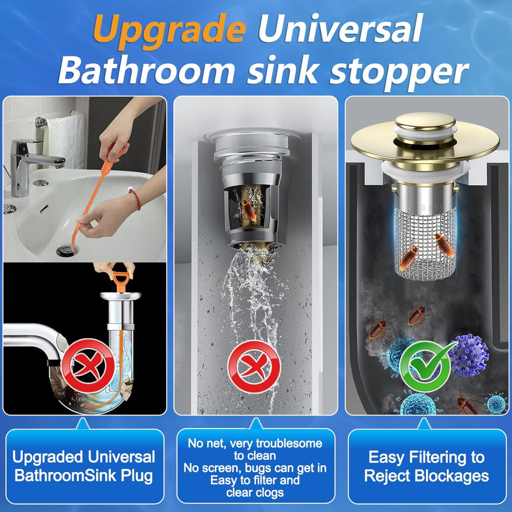 Sink Stopper Hair Catcher, Pop-up Sink Drain Strainer with Removable Stainless Steel Strainer Basket Hair Catcher, Bathroom Sink Strainer for Bathroom Sink Stopper Replacement (Brushed Gold)