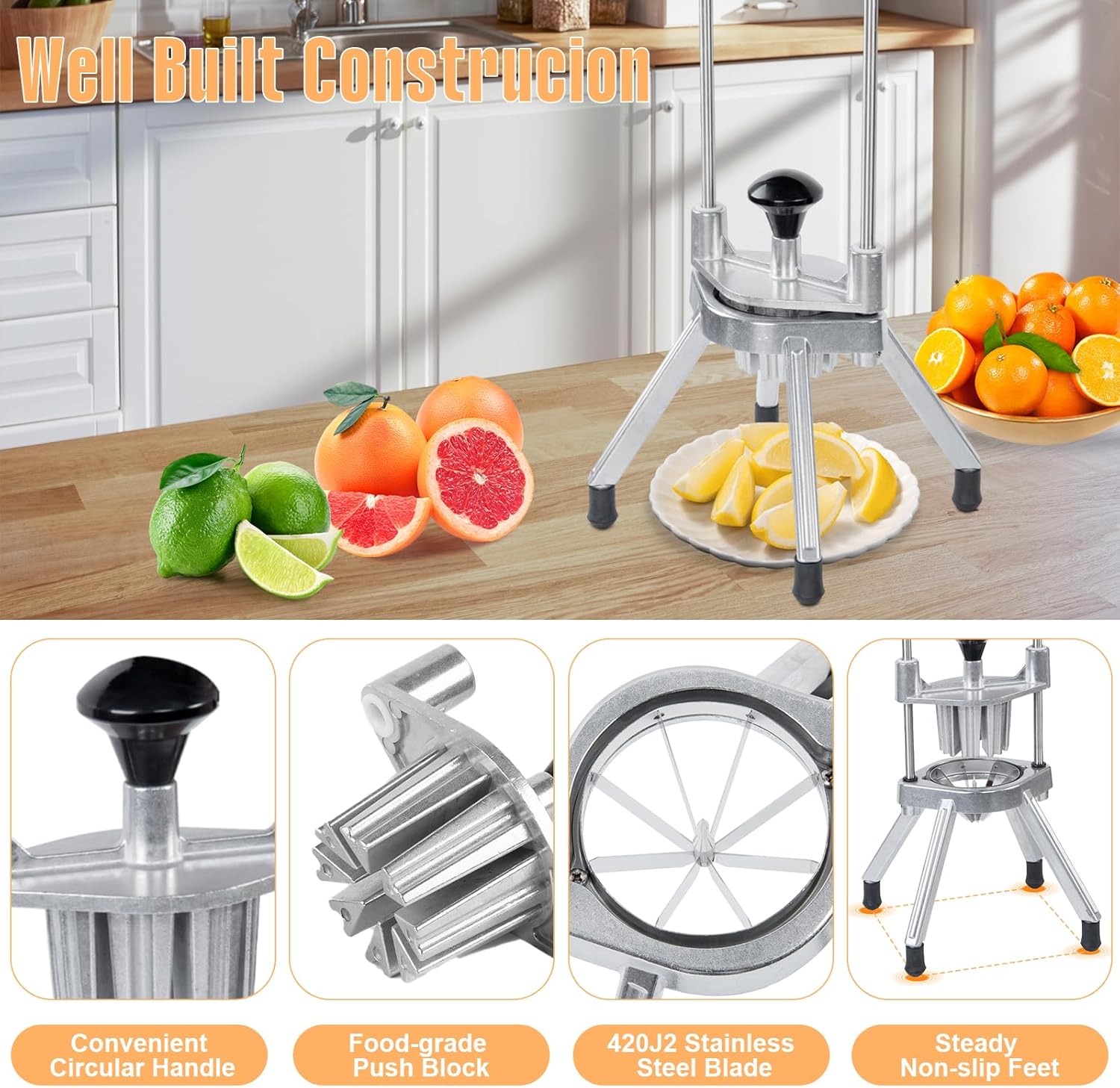 Commercial Lemon Cutter 4 & 6 & 8 Section with V-Shaped Stainless Steel Blades Easy Wedger Fruit Lime Slicer Vegetable Chopper Dicer for Home Bar Restaurant