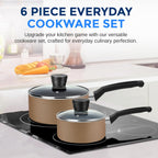 SereneLife 6-Piece Pots and Pans Set – Nonstick Cookware, Black Coating, Heat-Resistant, Dishwasher safe, Includes Fry Pans, Saucepans with Lids, Color Gold